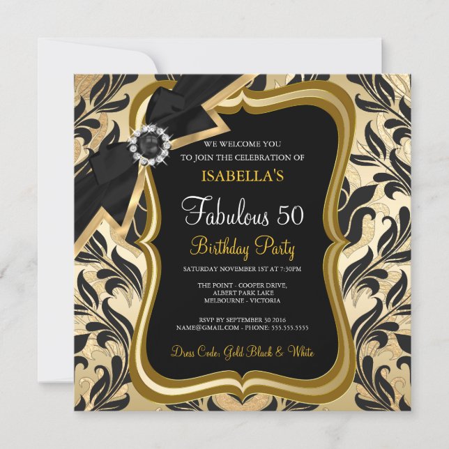 Fabuleux 50 Pearl Gold Bow Black Damask Invitation (Devant)