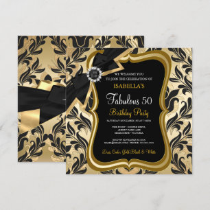Fabuleux 50 Pearl Gold Bow Black Damask Invitation