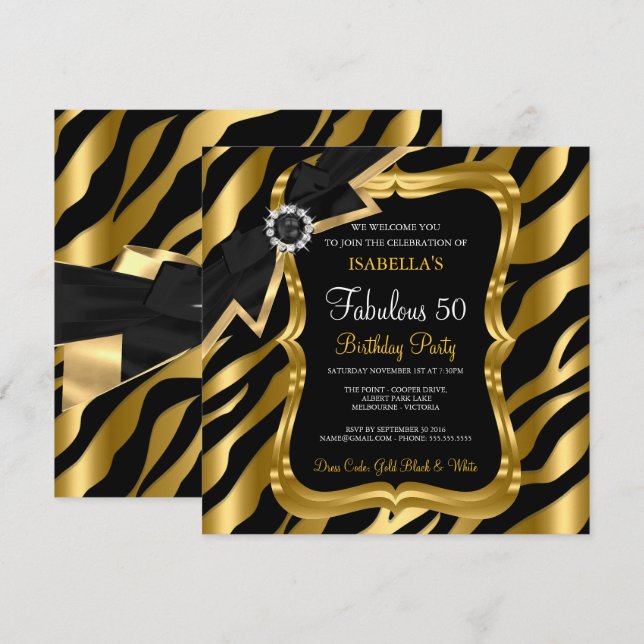 Fabuleux 50 Pearl Gold Bow Black Zebra Invitation (Devant / Derrière)