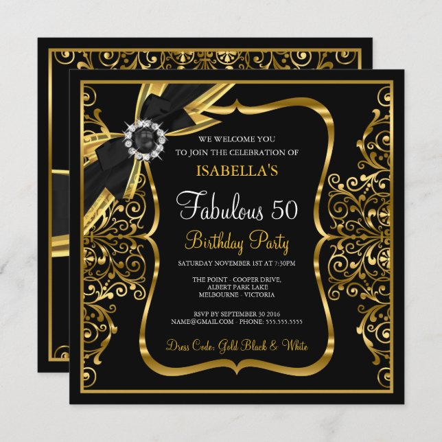 Fabuleux 50e Pearl Gold Lace Bow Invitation noir (Devant / Derrière)