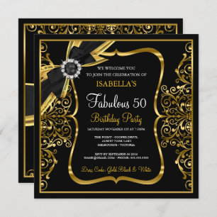 Fabuleux 50e Pearl Gold Lace Bow Invitation noir