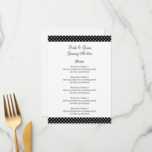 Fabuleux menu mariage pois noir et blanc (Devant/Arrière en situation)
