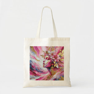 Face de femme élégante avec sac fourre-tout feuill