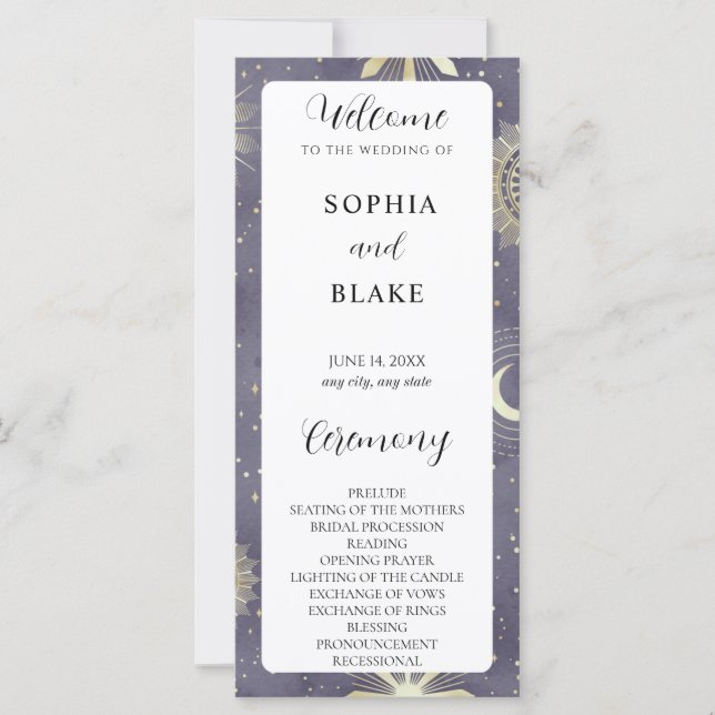 Faded Blue and Gold Celestial Wedding Program (Devant)