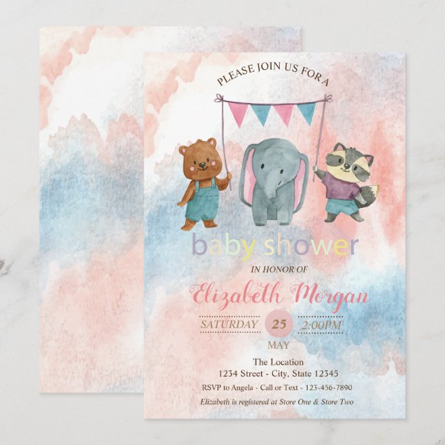 Faire Animaux, Invitation de Baby Shower à l'aquar (Devant / Derrière)