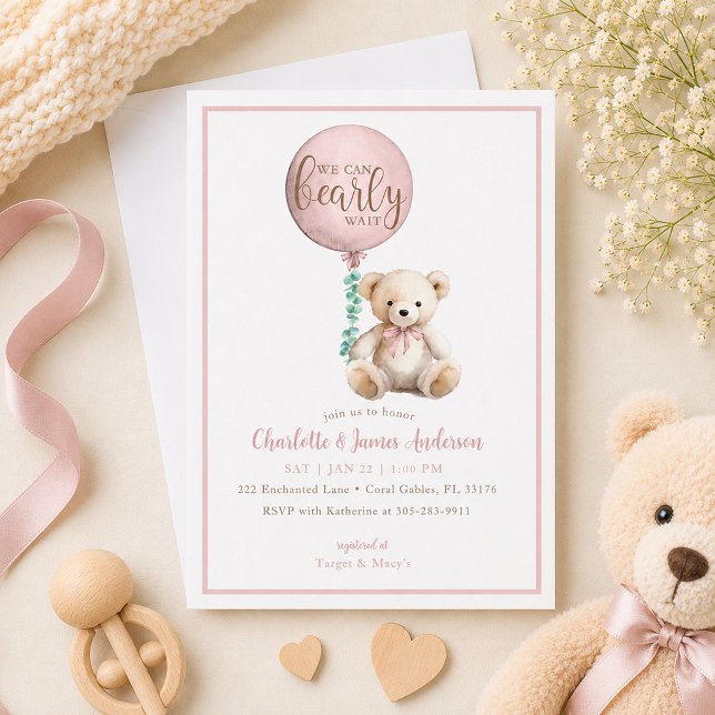 Faire Attendre Ours en Peluche Rose Invitation Bab (Pink Bearly Baby Shower Invite)