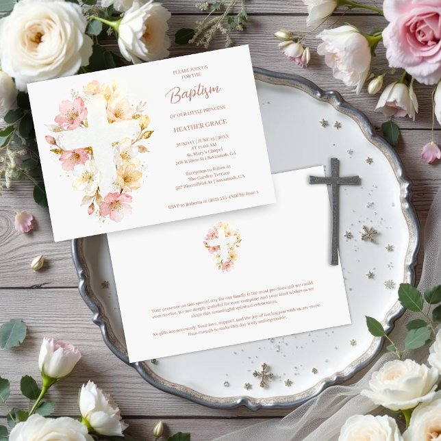 Faire carte de baptême florale en forme de croix a (Dreamy Digital Watercolor Pink Shades Floral Cross-Shape Baptism Invitation Cards.)