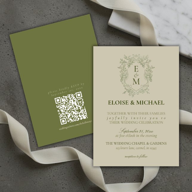 Faire carte de mariage au monogramme de crête vert (Elegant Sage Green Crest Monogram Wedding Invitation)