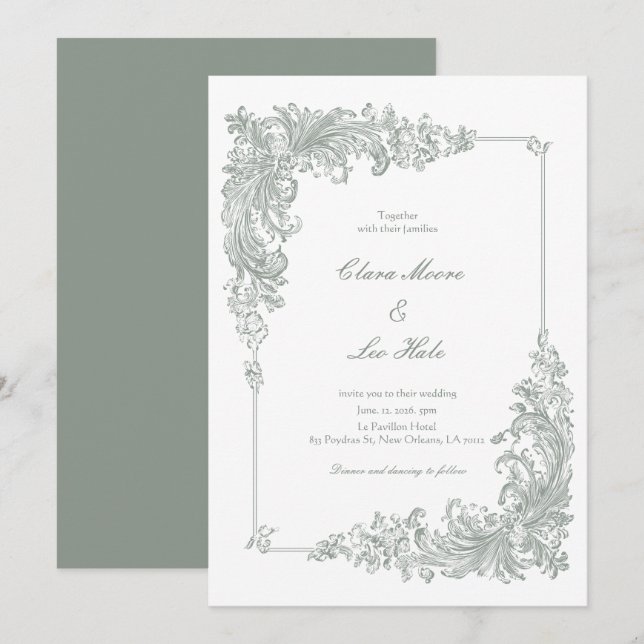 Faire carte de mariage baroque vert sauge élégant (Devant / Derrière)