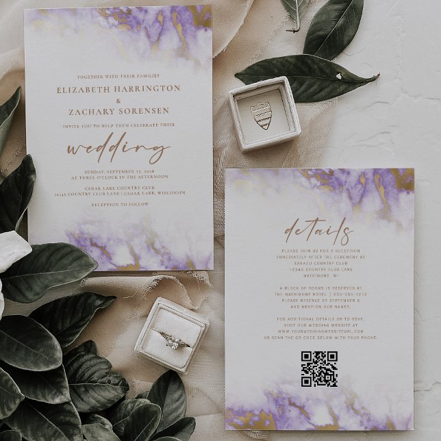 Faire carte de mariage code QR lavande or marbre (Créateur téléchargé)