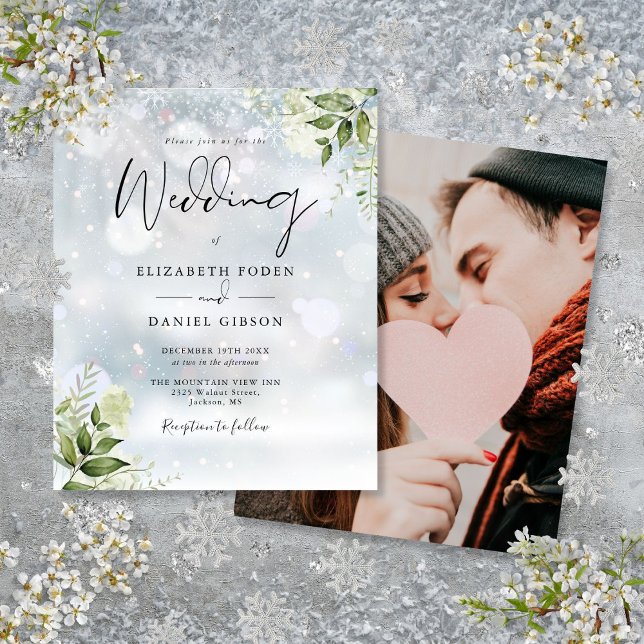 Faire carte de mariage hivernale avec photo et vég (Budget Greenery Photo Winter Wedding Invitation)
