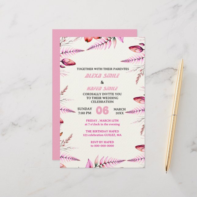 Faire carte de mariage rose et or , Blanc (Devant/Arrière en situation)