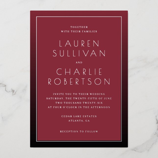 Faire carte de mariage typographique bordeaux élég (Recto)