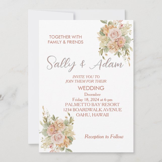 Faire carte d'invitation de mariage aux fleurs ros (Devant)