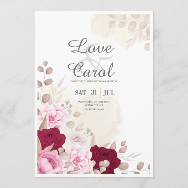 Faire carte d'invitation de mariage aux roses rose (Devant)