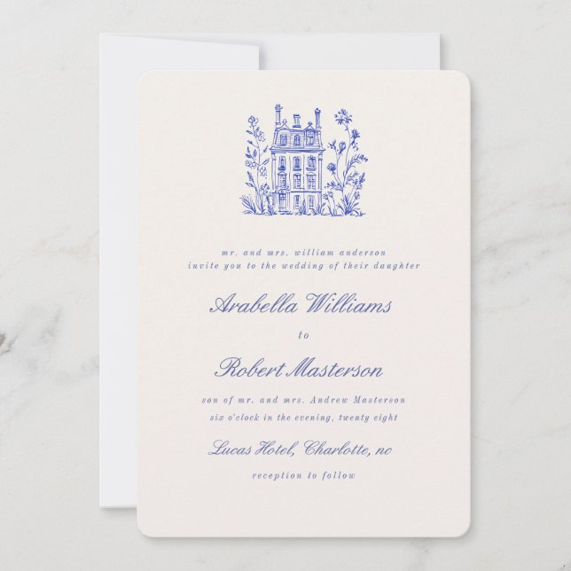 Faire carte d'invitation de mariage élégante bleue (Devant)