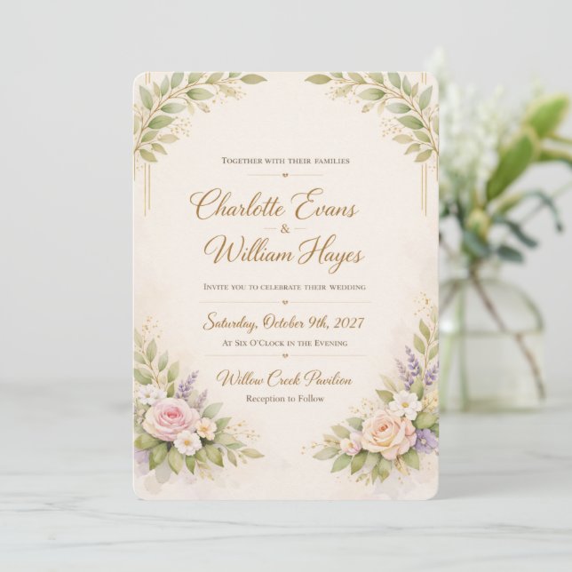 Faire carte d'invitation de mariage Floral orange  (Debout devant)