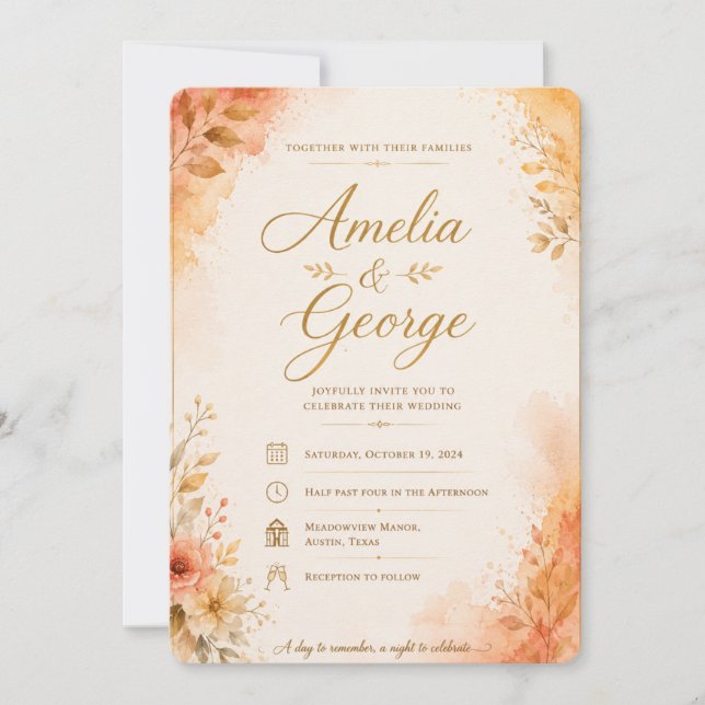 Faire carte d'invitation de mariage Floral orange  (Devant)