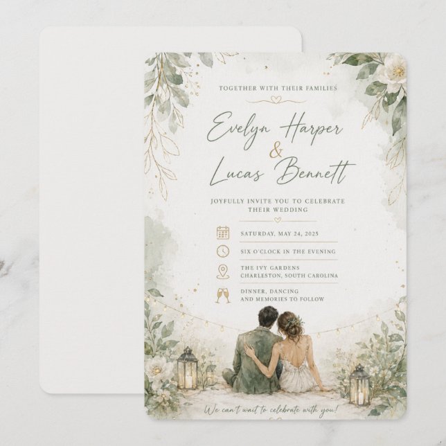 Faire carte d'invitation de mariage Florale orange (Devant / Derrière)