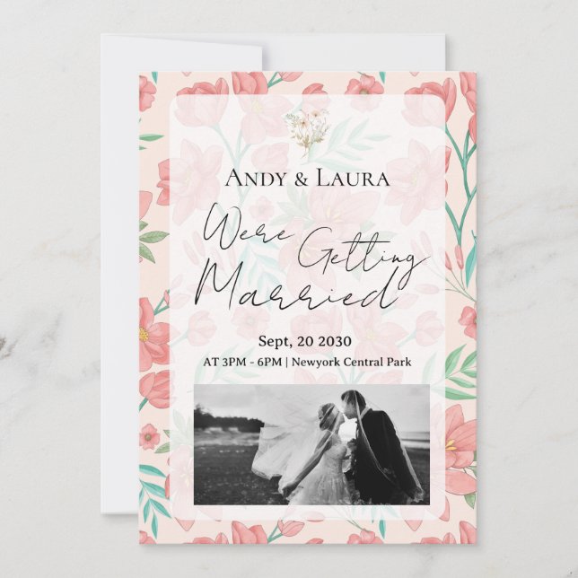 Faire carte d'invitation de mariage florale | Rose (Devant)