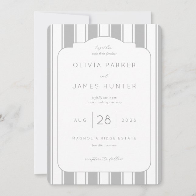 Faire carte d'invitation de mariage rayée grise (Devant)
