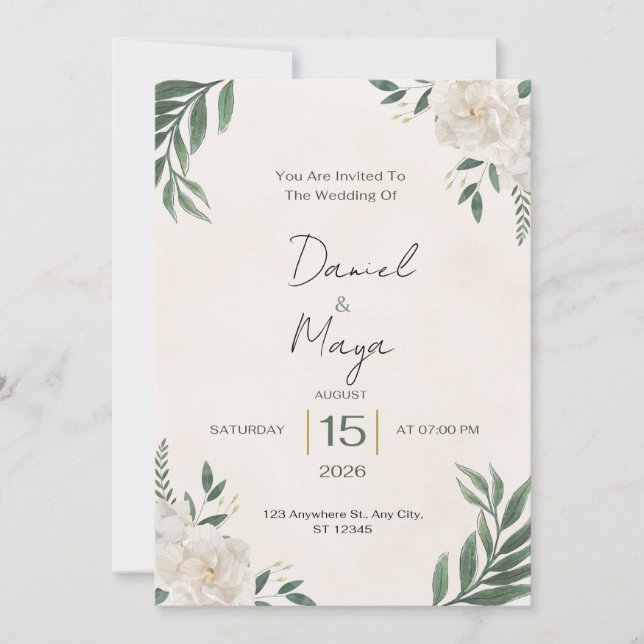 Faire carte d'invitation de mariage Rose blanche 5 (Devant)