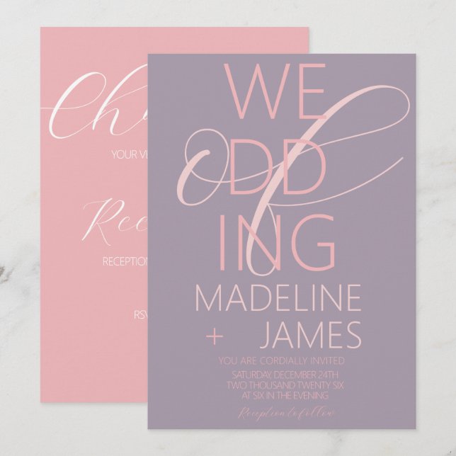 Faire carte d'invitation de mariage rose plumâtre  (Devant / Derrière)