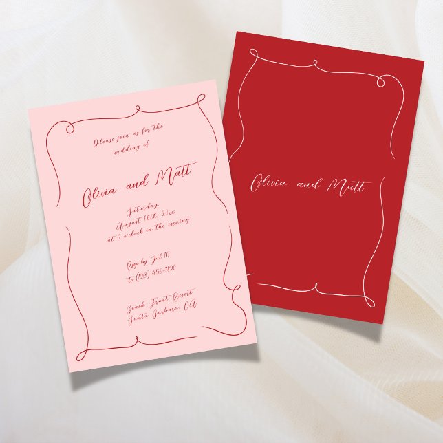 Faire carte d'invitation de mariage script fantais (French Whimsy Script Wedding Invite Red Pink)