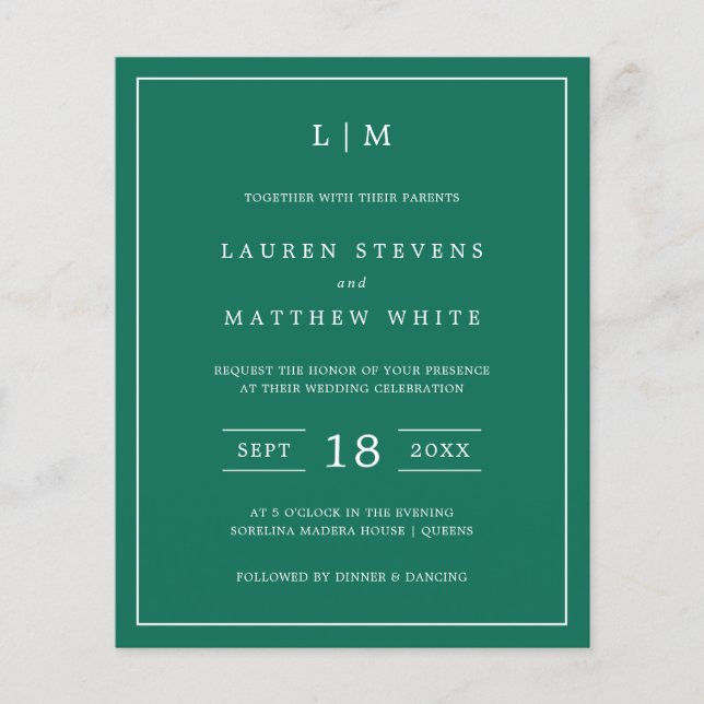 Faire carte d'invitation de mariage verte émeraude (Devant)