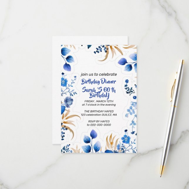 Faire carte d'invitation florale bébé bleu et arge (Devant/Arrière en situation)