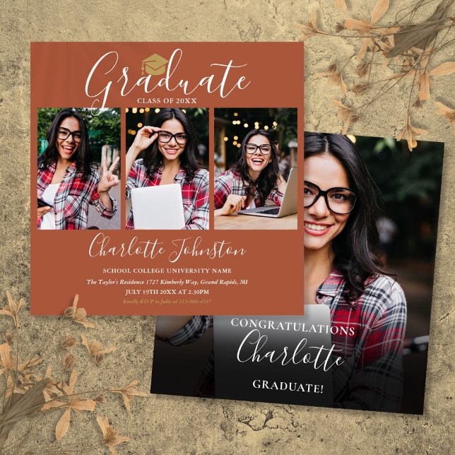 Faire carte d'invitation terracotta pour fête de r (Elegant Terracotta Script 4 Photo Graduation Party Invitation)
