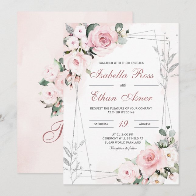 Faire Cartes de Mariage Rose Poussiéreuse et Grise (Devant / Derrière)