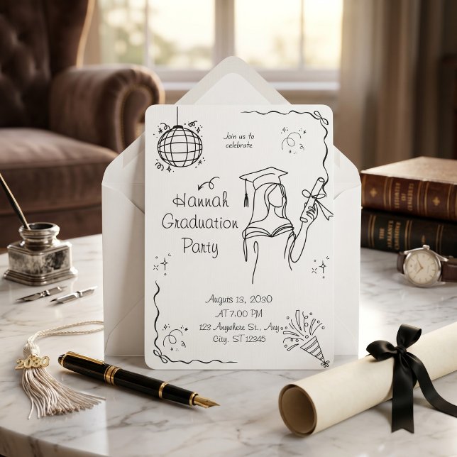 Faire Dessin à la Main Invitation de Remise de Dip (Hand Drawn Black & White Arch Photo Graduation Invitation)