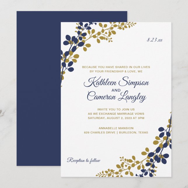 Faire Faire Invitation de Mariage | Bleu Nuit & Or (Devant / Derrière)