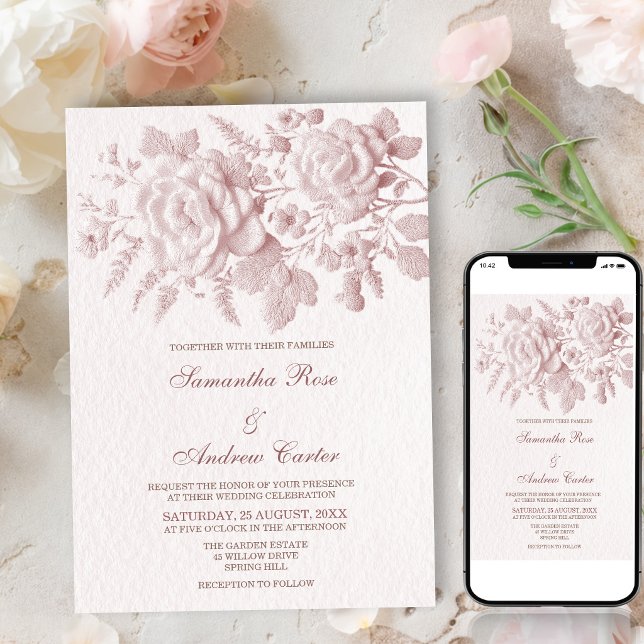 Faire Faire Invitation de Mariage Florale Rose Fau (Créateur téléchargé)