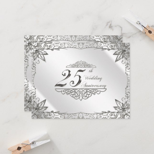 Faire Fleurir Argent Invitation 25ème Anniversaire (Devant/Arrière en situation)