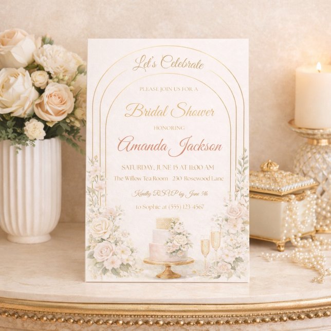 Faire invitation arc en or rose (Blush florals and gold arch lines set the tone for a refined bridal shower gathering)