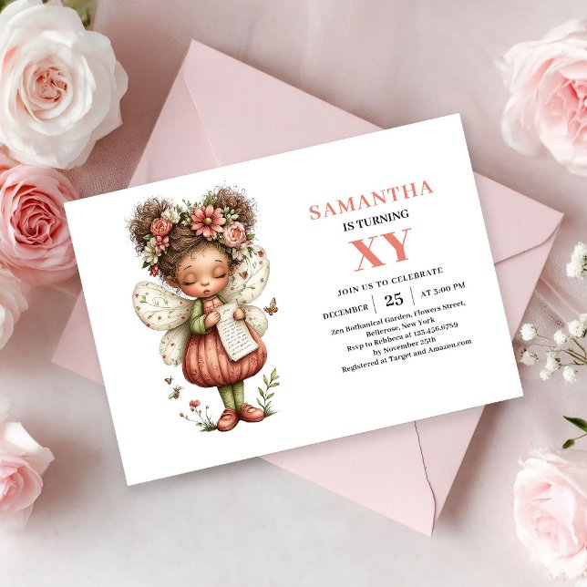 Faire invitation d'anniversaire Fille fée mignonne (Whimsical Cute Fairy Girl Birthday Pink invitation)