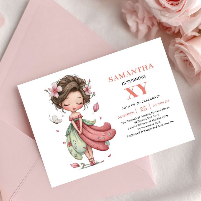 Faire invitation d'anniversaire Fille Fée Rose pâl (Graceful Fairy Girl Birthday Blush Pink invitation)