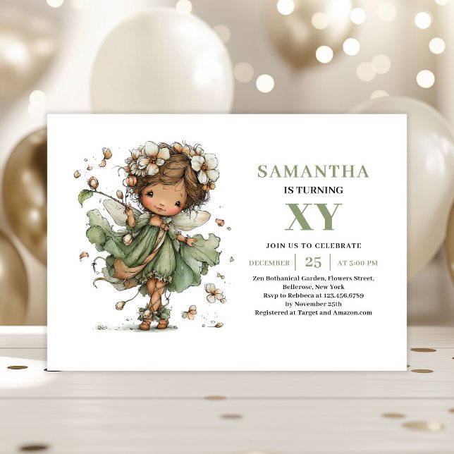 Faire invitation d'anniversaire vert sauge de peti (Cute Fairy Girl Birthday Sage Green Invitation)