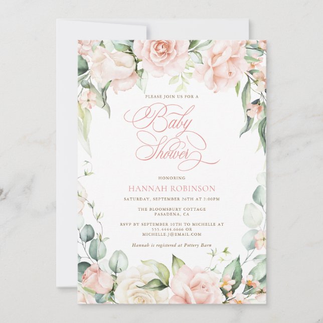 Faire invitation de baby shower à floraison rose é (Devant)