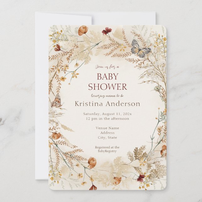 Faire invitation de baby shower automne fleur sauv (Devant)