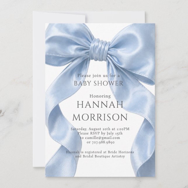 Faire invitation de baby shower avec un nœud bleu  (Devant)