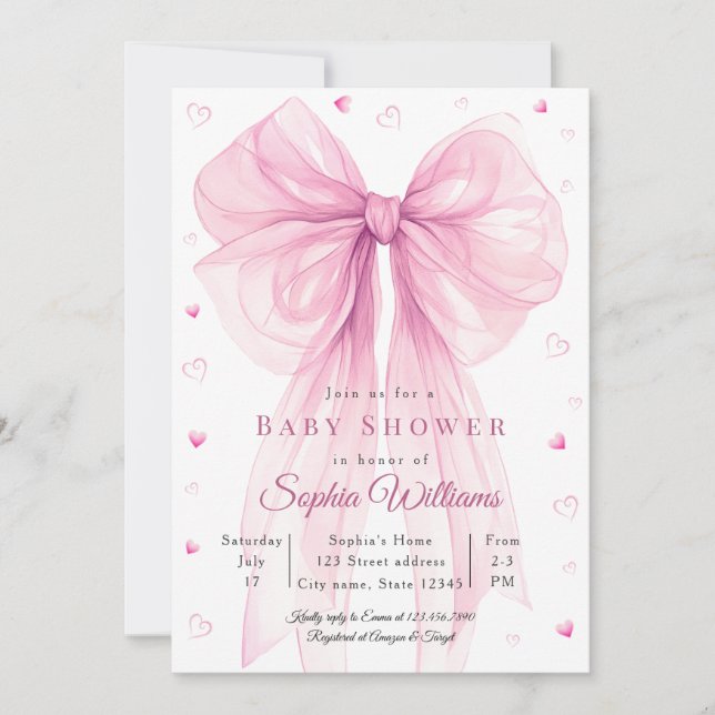 Faire invitation de baby shower avec un nœud rose  (Devant)