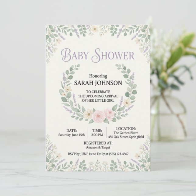 Faire invitation de baby shower botanique | Douce  (Debout devant)