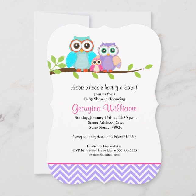 Faire invitation de Baby Shower Fille Chouette Vio (Devant)