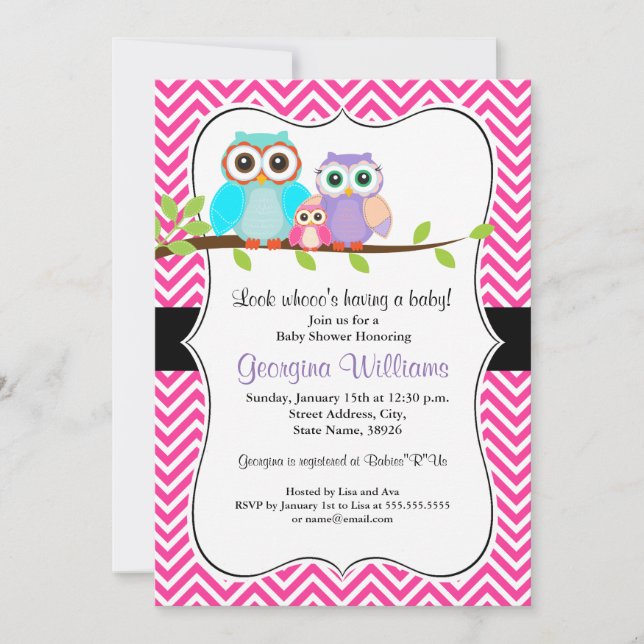 Faire invitation de Baby Shower Fille Hibou. Rose (Devant)