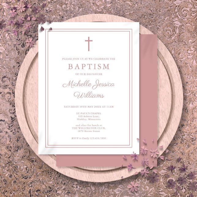 Faire invitation de baptême à bordure rose poudrée (Elegant Dusty Rose Pink Border Baptism Invitation Postcard)