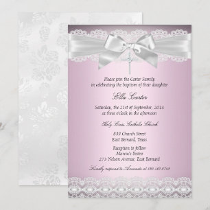 Faire invitation de baptême à dentelle rose et cro