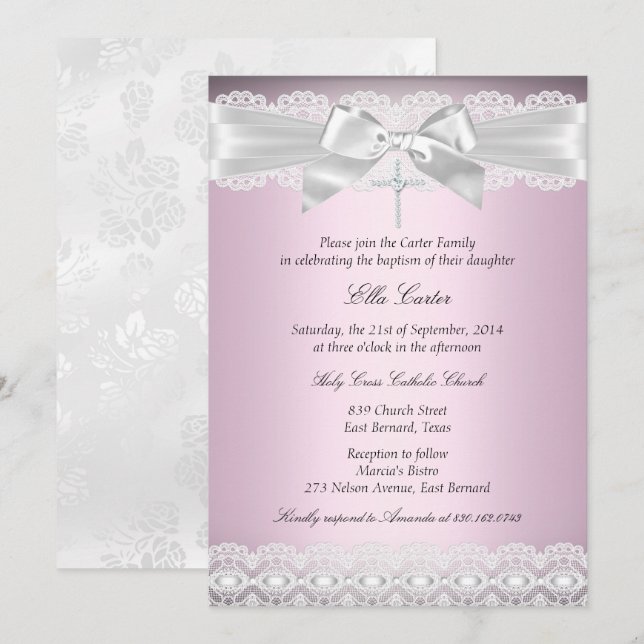 Faire invitation de baptême à dentelle rose et cro (Devant / Derrière)